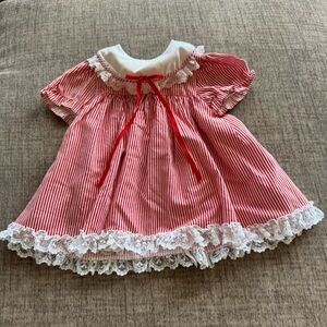 Sears Red and White Striped Infant Dress with Lace Collar